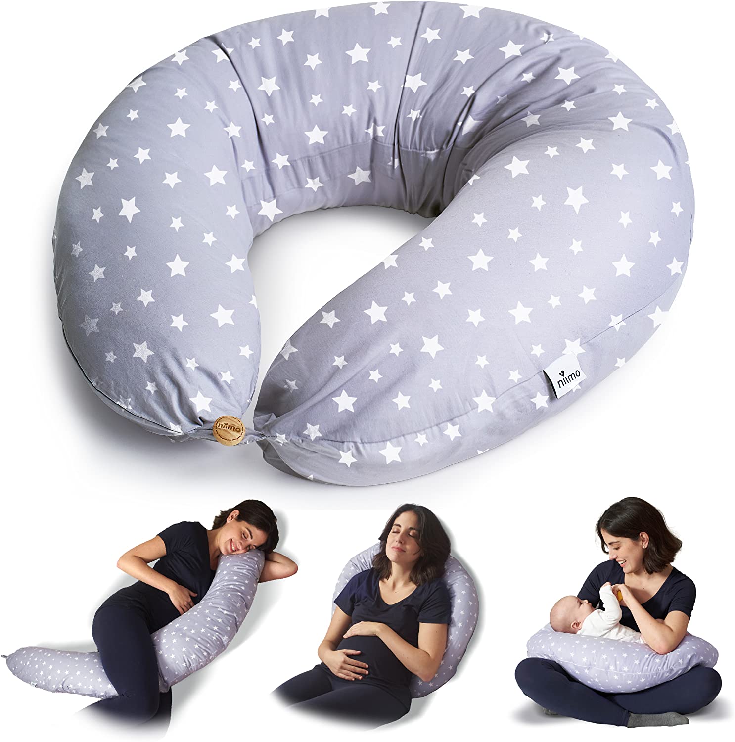 Image des différentes manières dont on peut utiliser le coussin que ce soit avec la maman ou avec le bébé Babykare.f