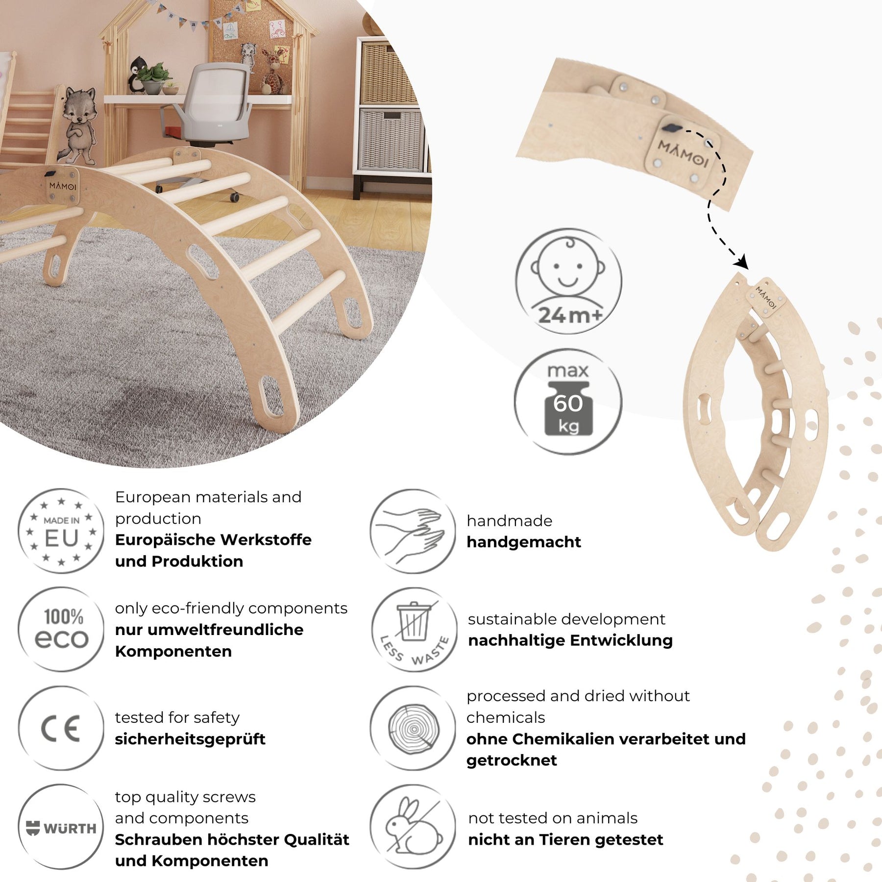 Bascule Montessori 2-en-1 MAMOI avec coussin – Arche de Pikler & bascule en bois pliable