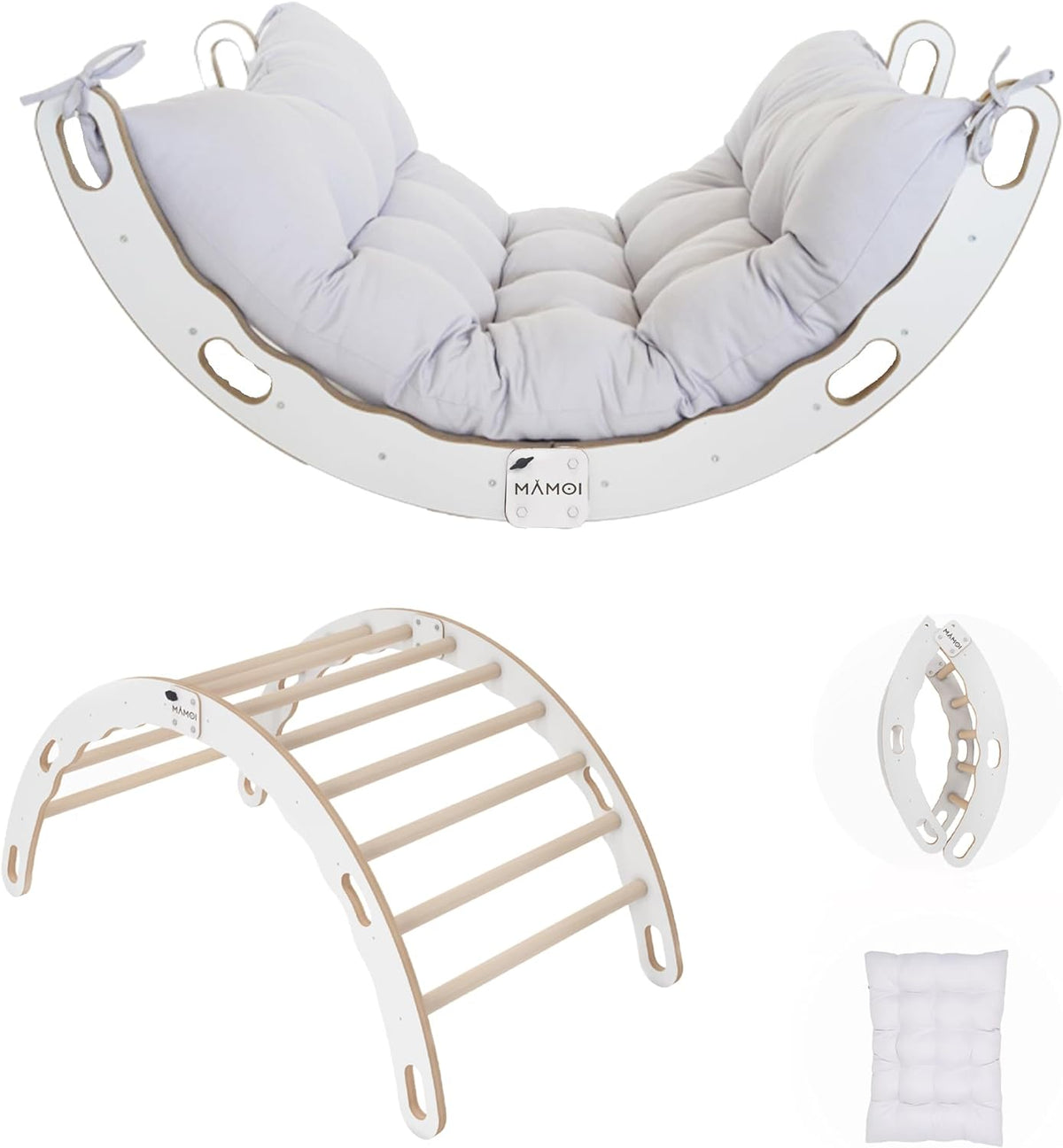 Bascule Montessori 2-en-1 MAMOI avec coussin – Arche de Pikler & bascule en bois pliable