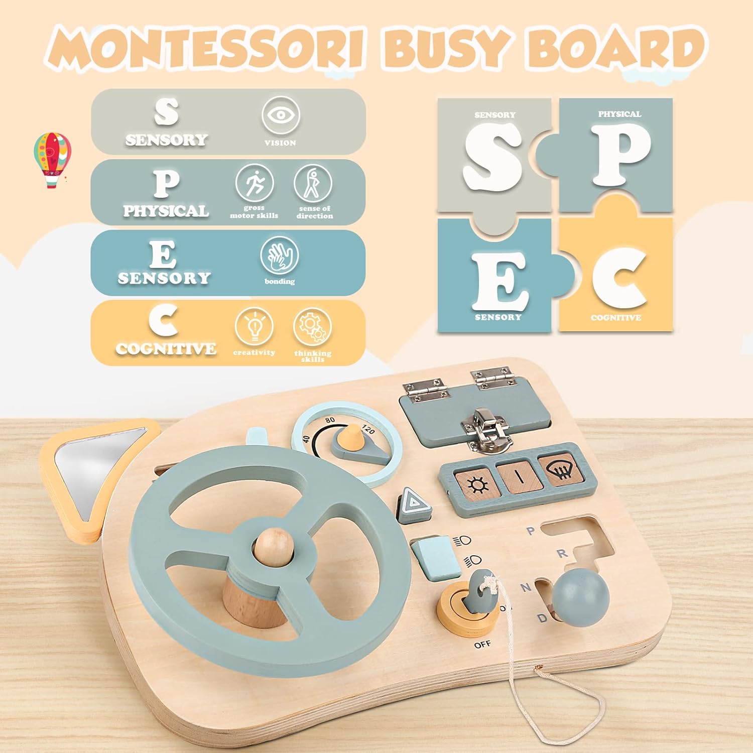 Montessori Busy Board Volant Voiture Enfant Jouet en Bois Jeux Educatif