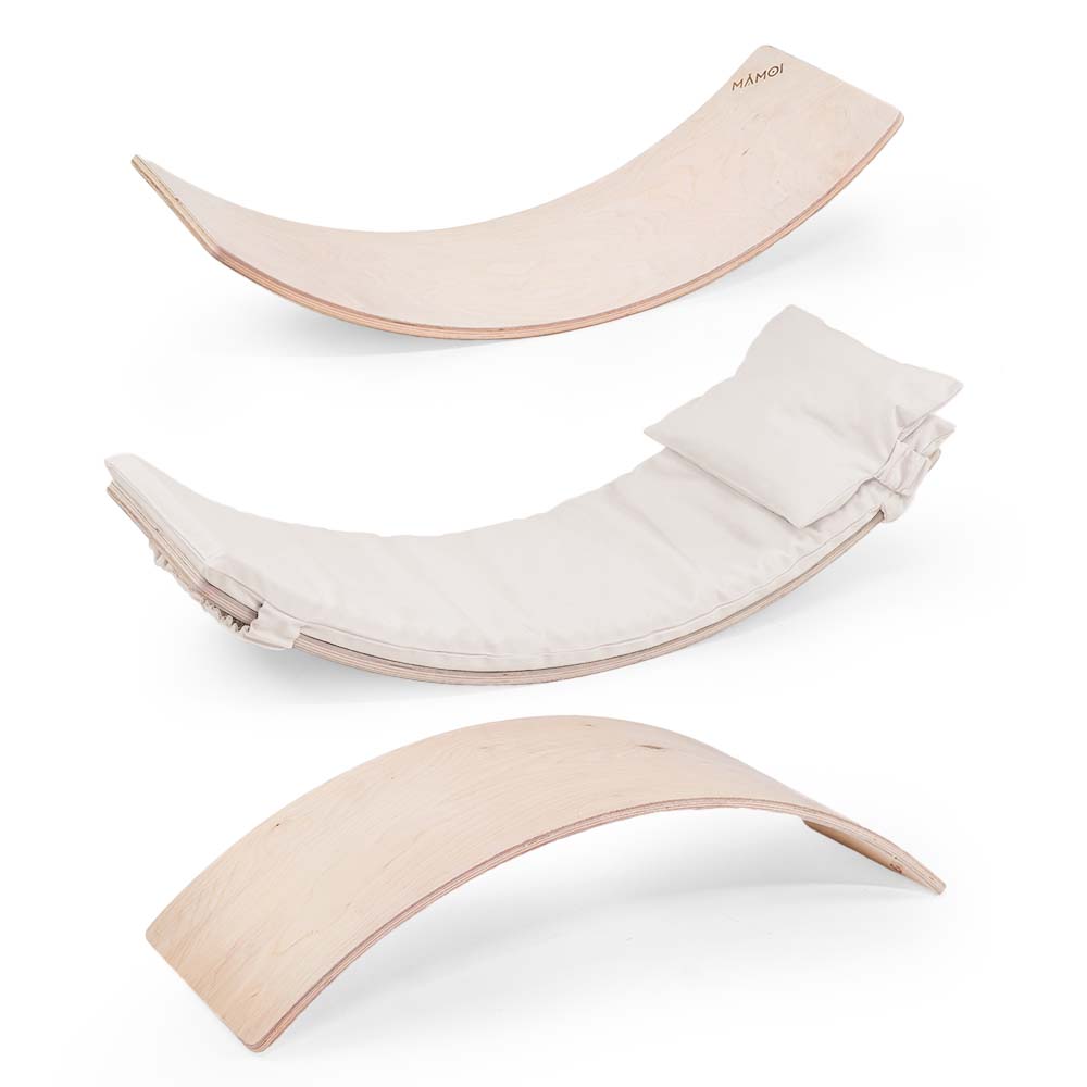 Planche d’équilibre + coussins pour enfants dès 6 mois en bois naturel