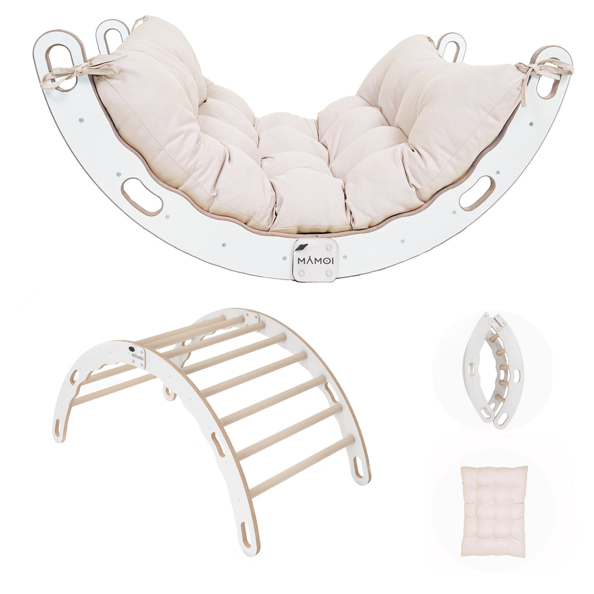 Bascule Montessori 2-en-1 MAMOI avec coussin – Arche de Pikler & bascule en bois pliable