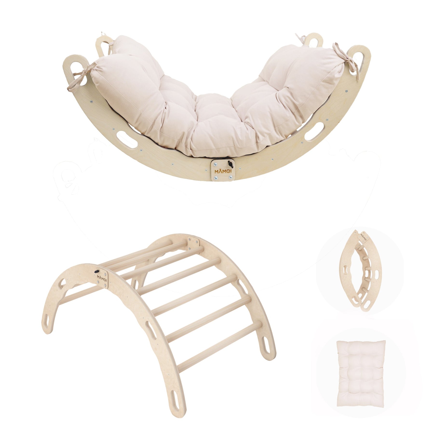 Bascule Montessori 2-en-1 MAMOI avec coussin – Arche de Pikler & bascule en bois pliable