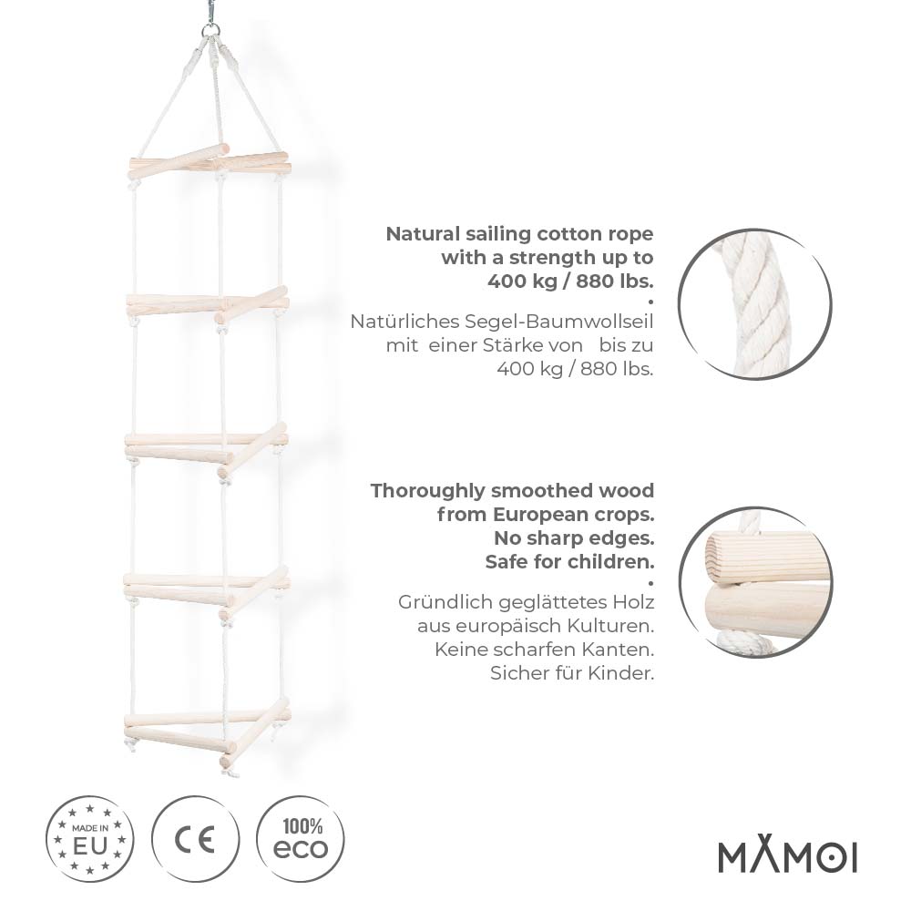 Échelle suspendue triangulaire MAMOI en bois naturel & corde coton – 3+ ans, jusqu’à 50 kg