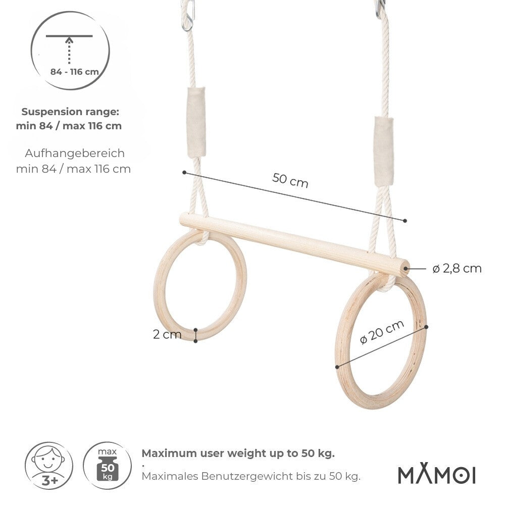 Trapèze & anneaux en bois MAMOI – réglable 84–116 cm avec crochet, support 50 kg