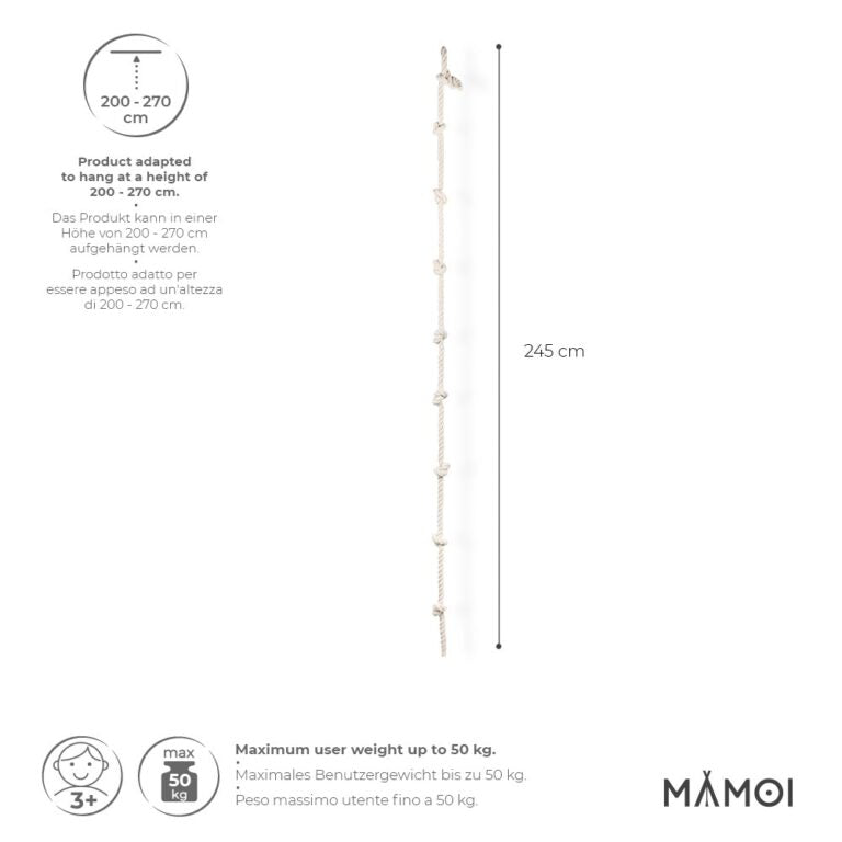 Corde d’escalade enfant MAMOI – 245 cm coton 100 % éco, sans métal, charge 50 kg