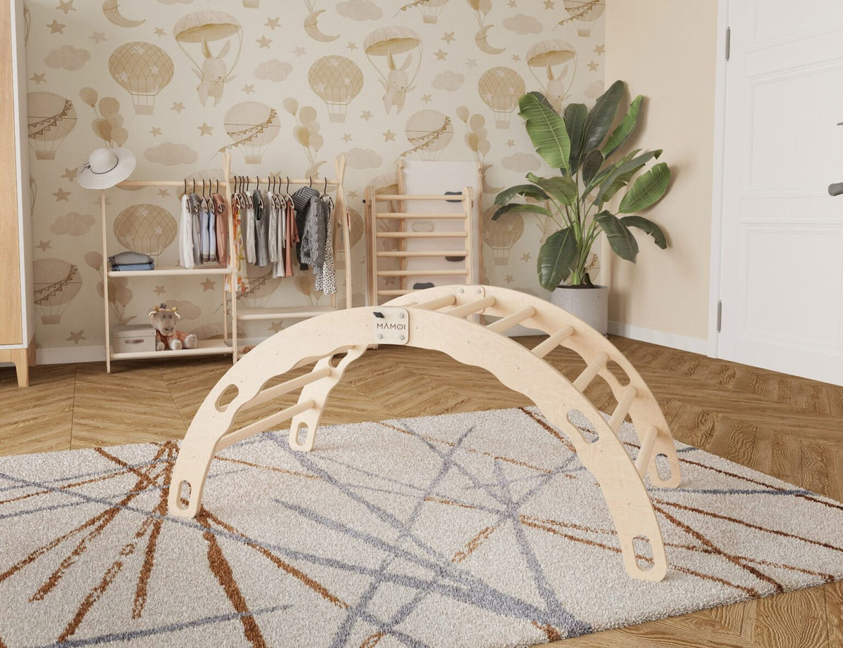 Bascule Montessori 2-en-1 MAMOI – Arche de Pikler & bascule en bois pliable