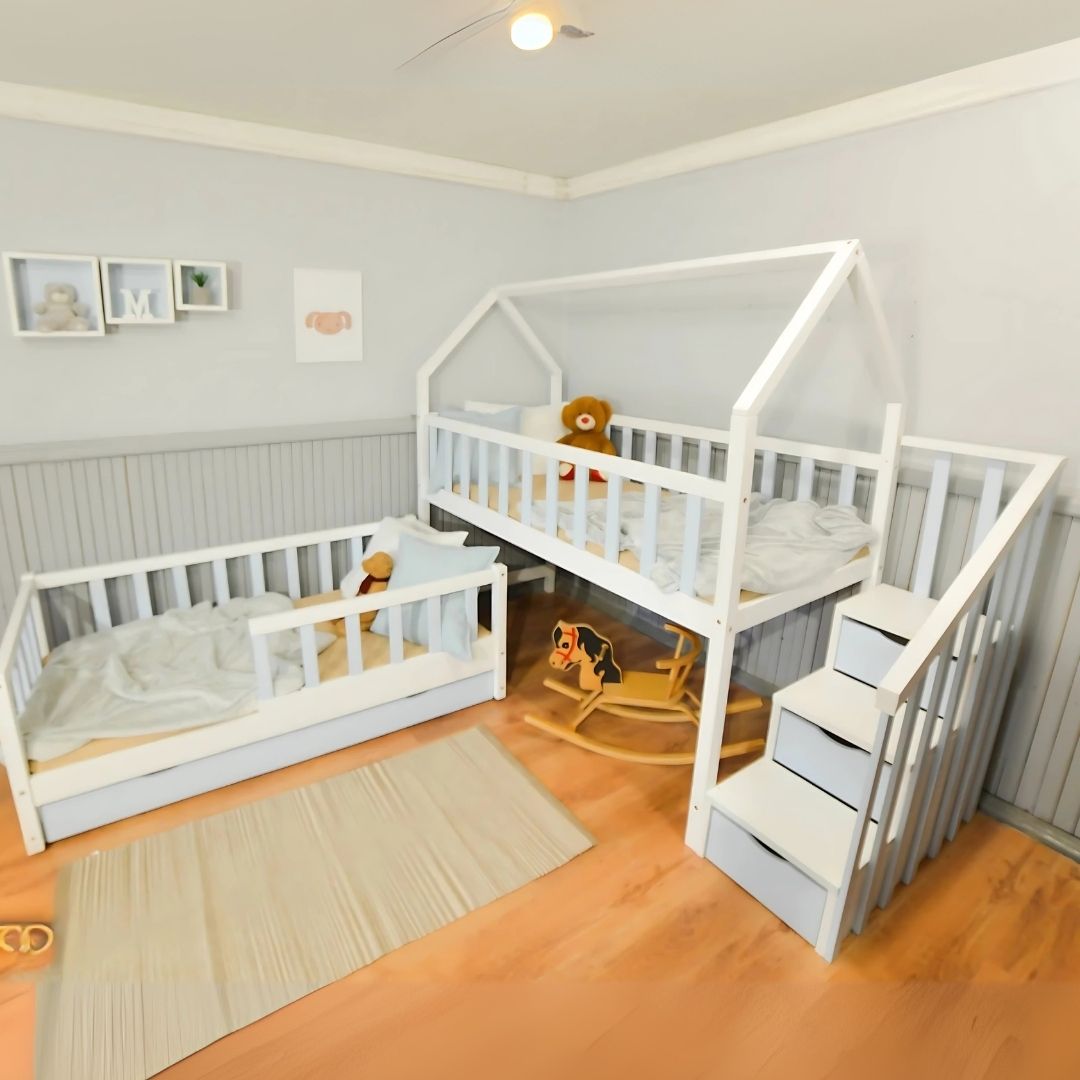 Lit Gigogne cabane 2 enfants 80x180cm et 80x160cm