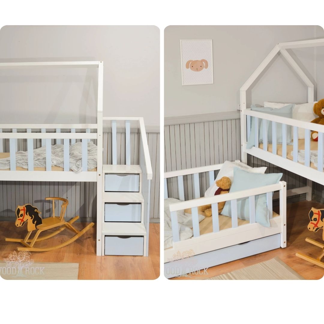 Lit Gigogne cabane 2 enfants 80x180cm et 80x160cm