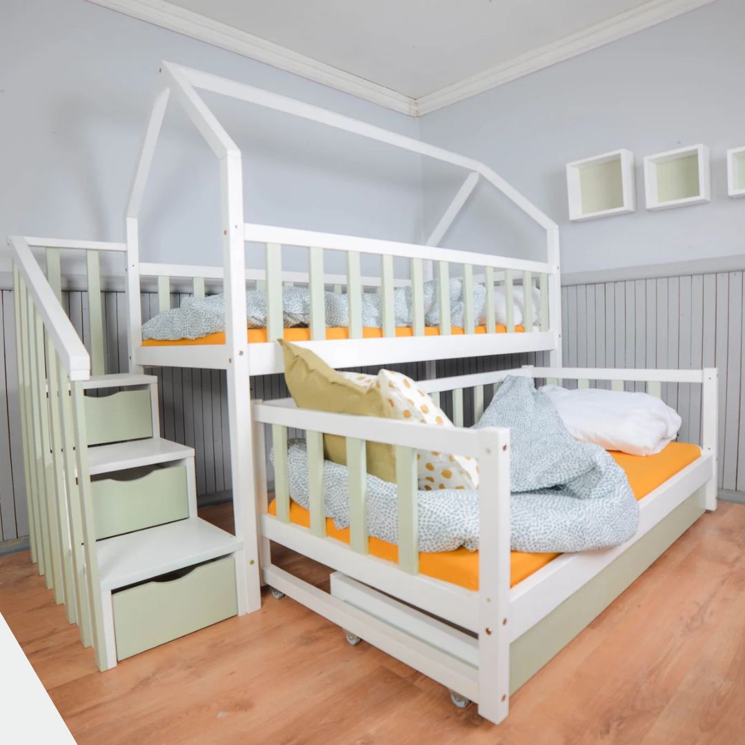 Lit Gigogne cabane 2 enfants 80x180cm et 80x160cm