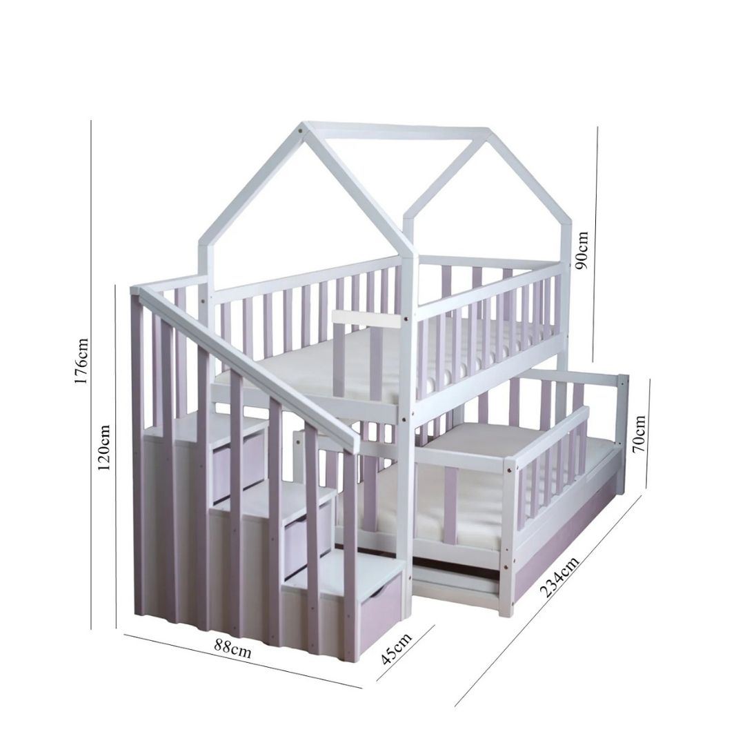 Lit Gigogne cabane 2 enfants 80x180cm et 80x160cm