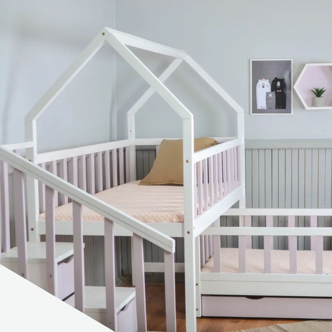 Lit Gigogne cabane 2 enfants 80x180cm et 80x160cm