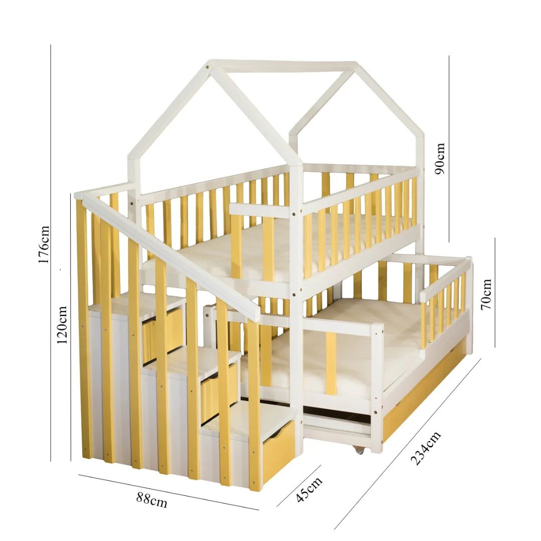Lit Gigogne cabane 2 enfants 80x180cm et 80x160cm