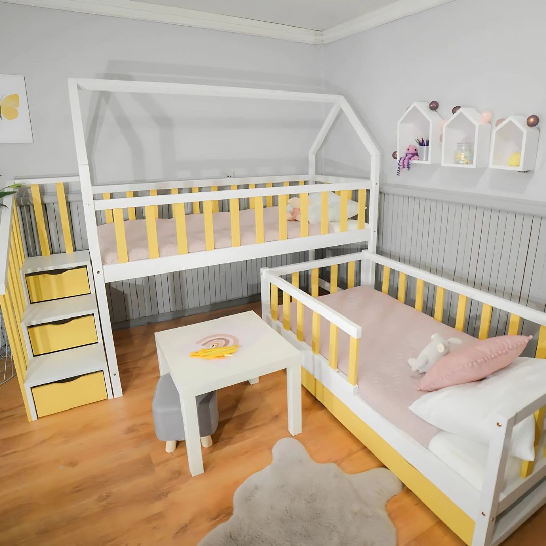 Lit Gigogne cabane 2 enfants 80x180cm et 80x160cm