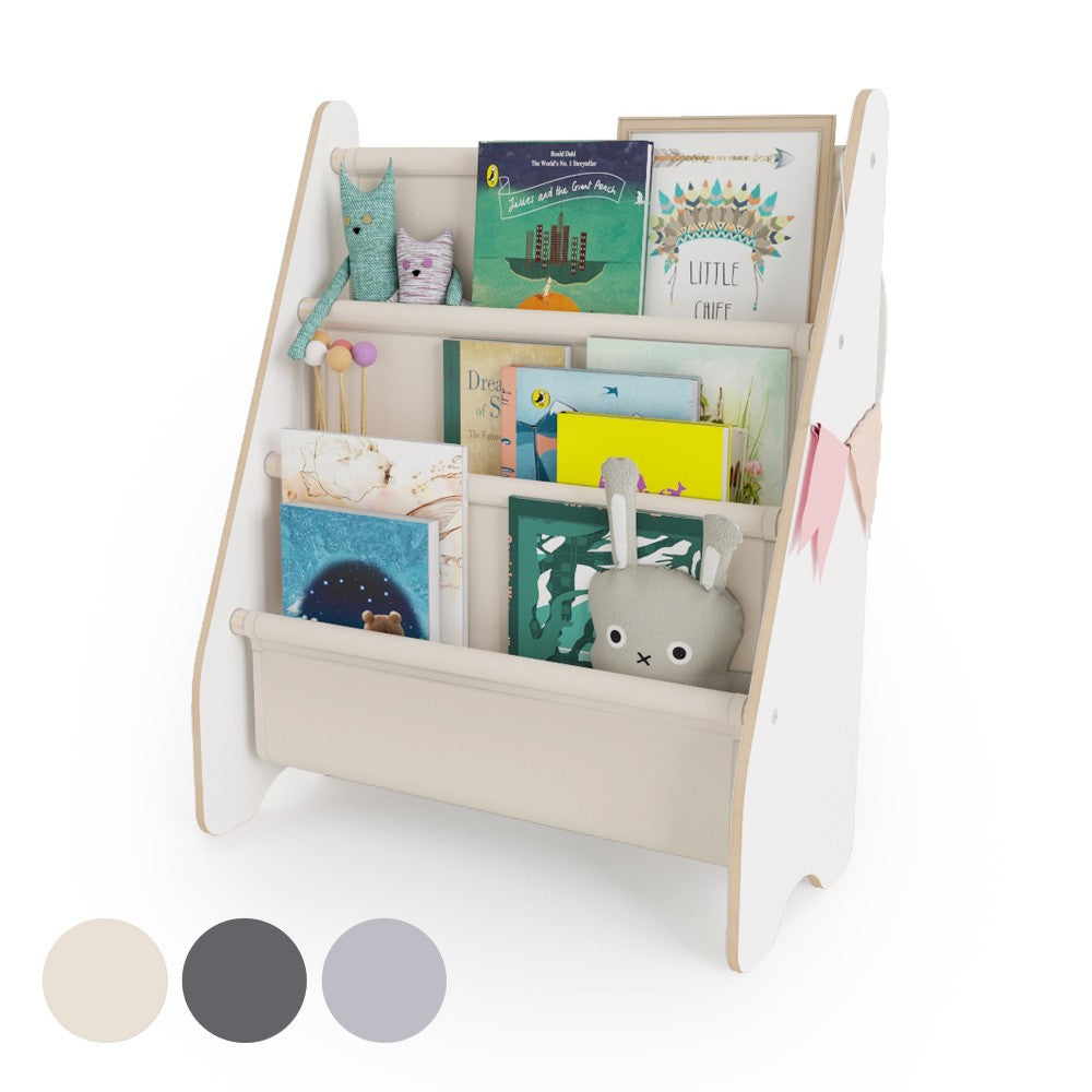 Bibliothèque enfant MAMOI en bois blanc & tissu – 52×25×63 cm