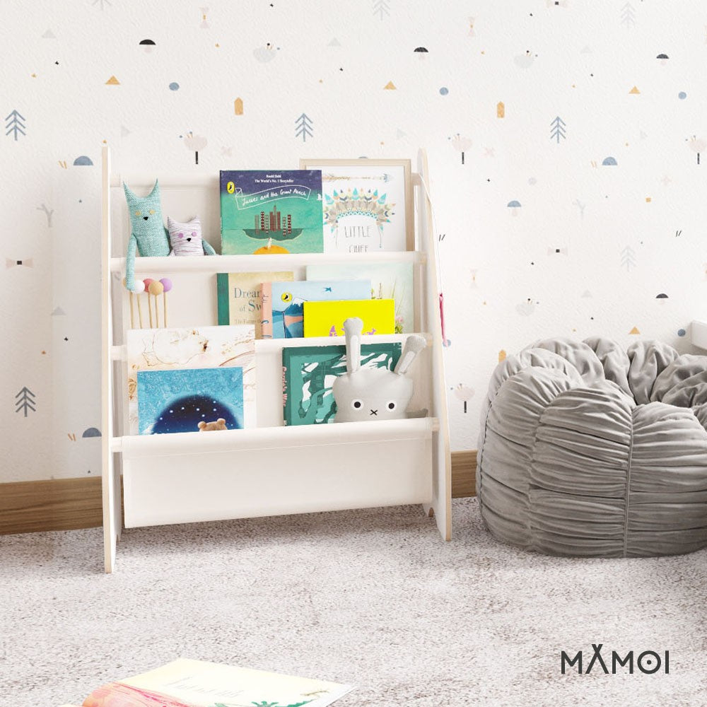 Bibliothèque enfant MAMOI en bois blanc & tissu – 52×25×63 cm
