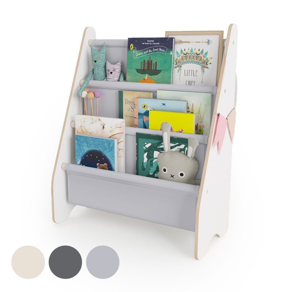 Bibliothèque enfant MAMOI en bois blanc & tissu – 52×25×63 cm