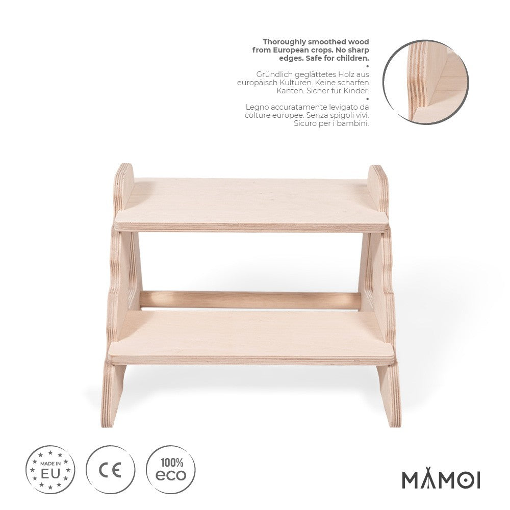 Tabouret escabeau MAMOI 2 marches – Bois naturel, universel et sécurisé