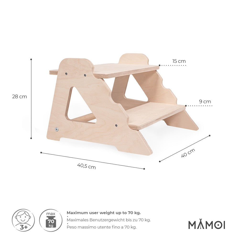 Tabouret escabeau MAMOI 2 marches – Bois naturel, universel et sécurisé