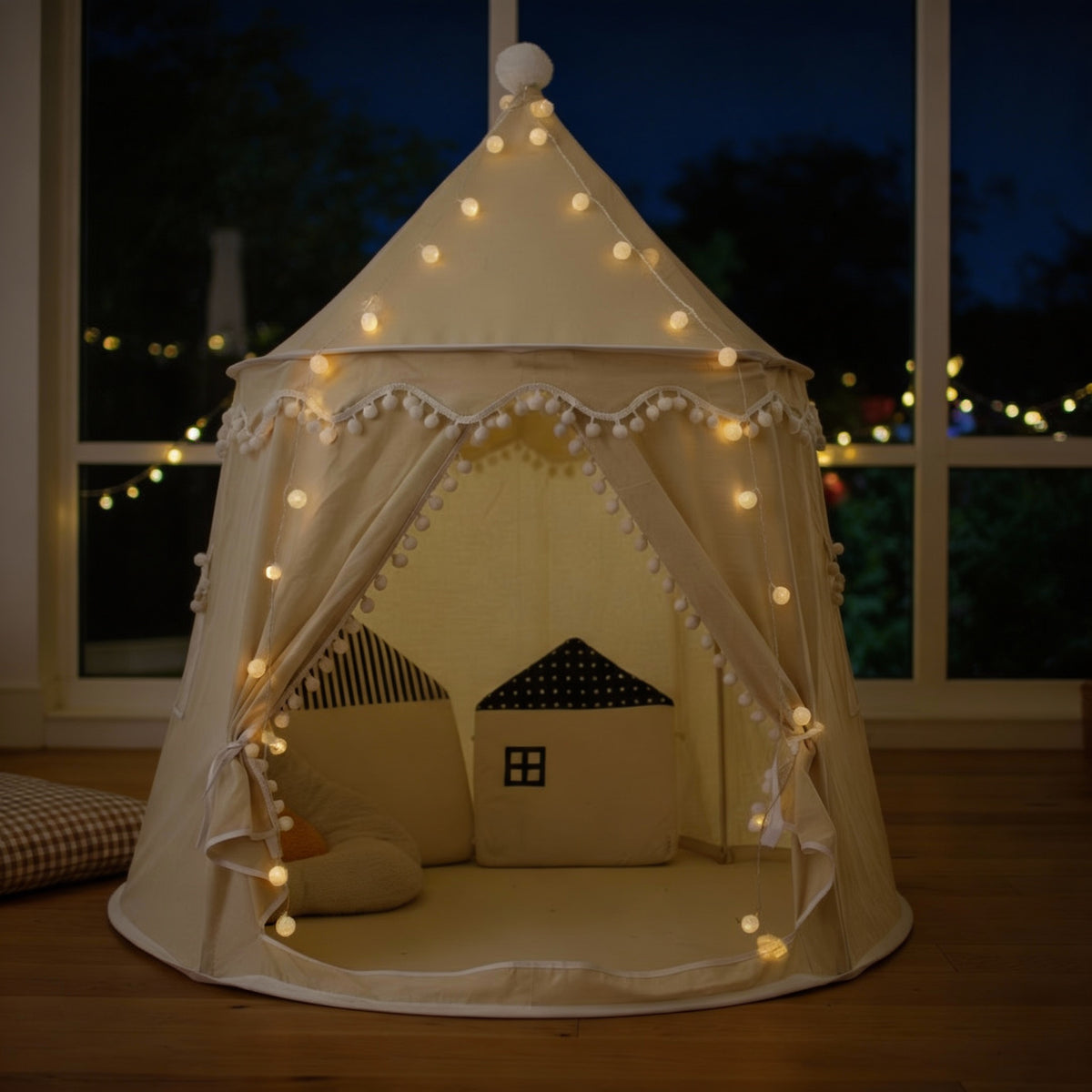 Carpa para niños con alfombra acolchada, banderines y guirnalda 89D x 130W x 130H
