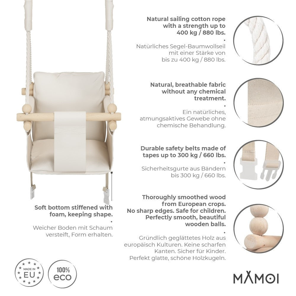 Chaise suspendue bébé MAMOI en bois - Montessori 3-en-1 avec harnais et crochet