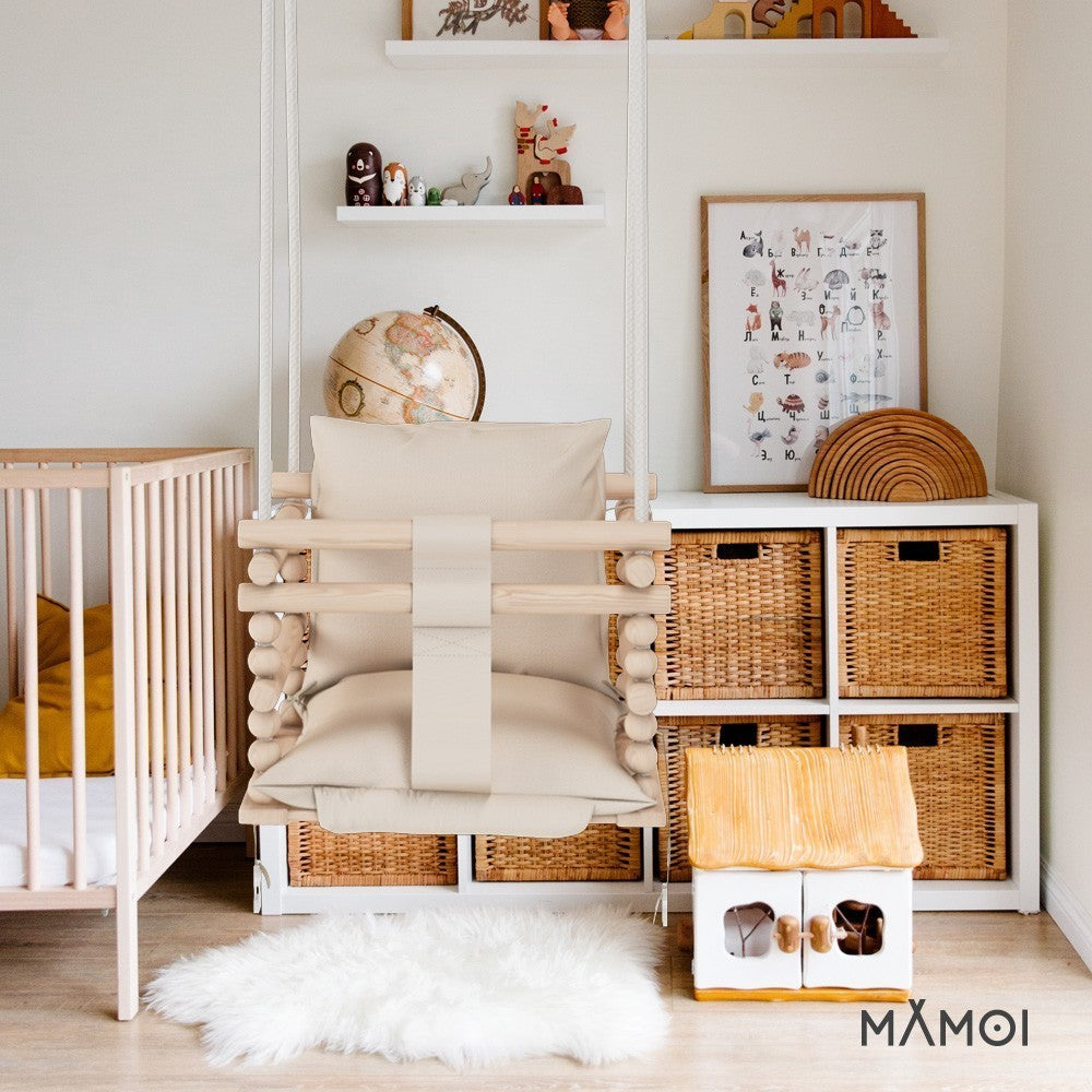 Chaise suspendue bébé en bois avec harnais de sécurité & crochet
