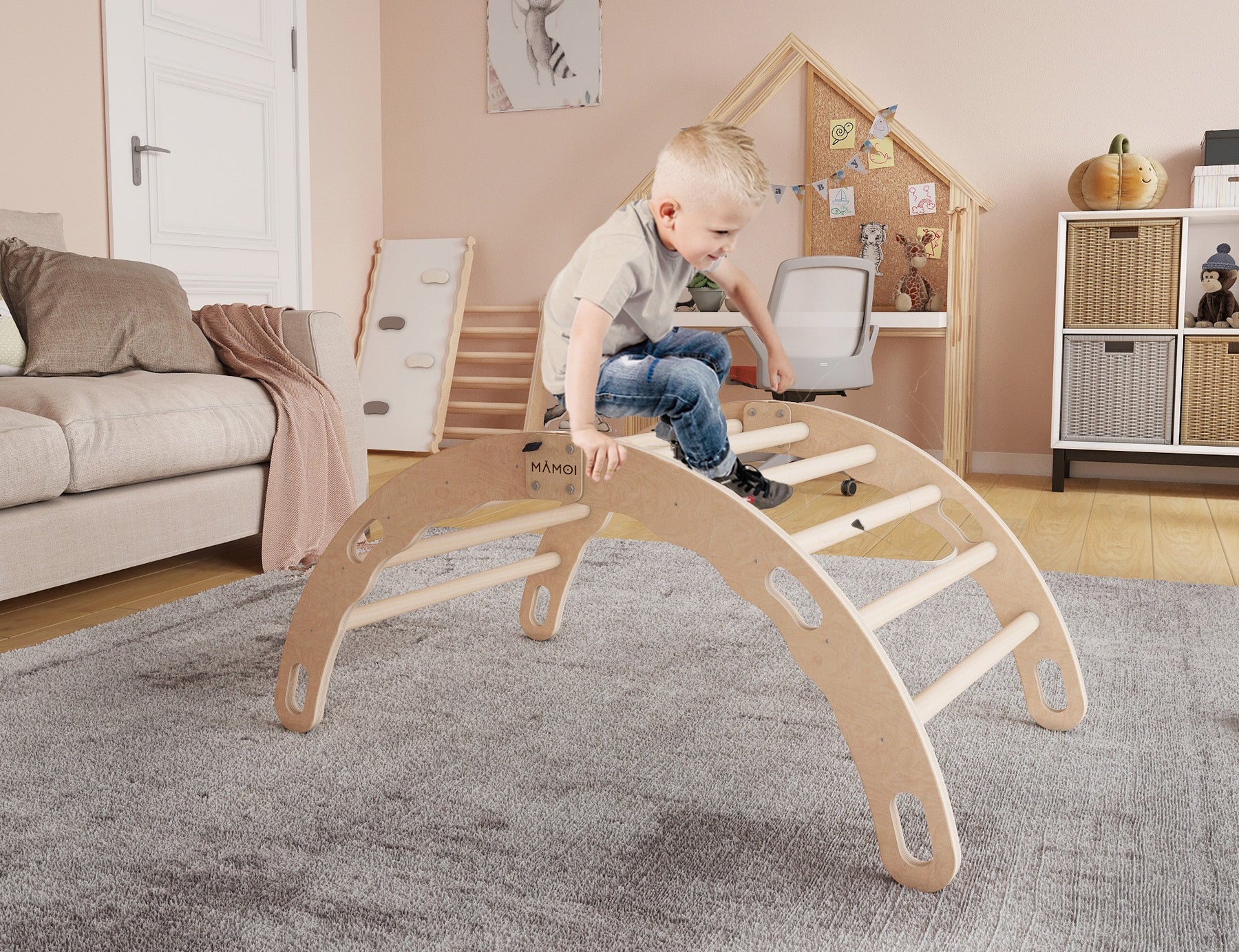 Bascule Montessori 2-en-1 MAMOI avec coussin – Arche de Pikler & bascule en bois pliable
