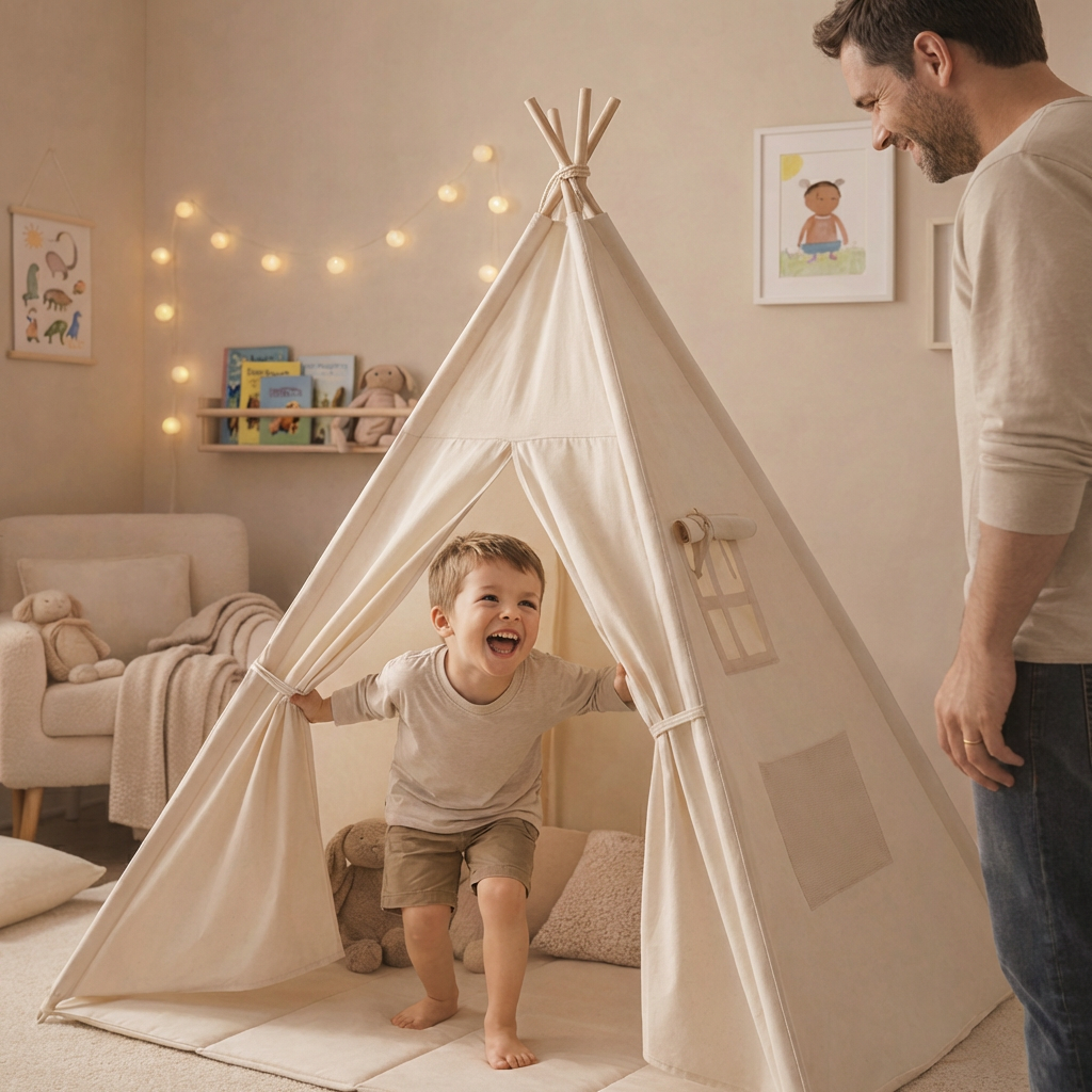 Tipi enfant avec tapis et guirlandes