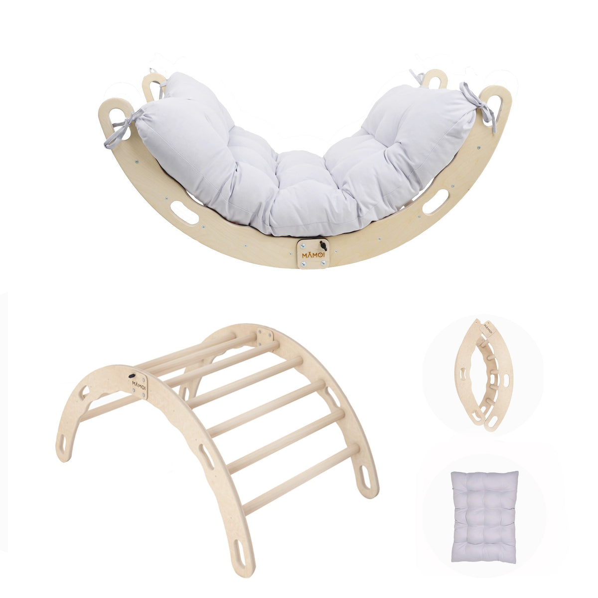 Bascule Montessori 2-en-1 MAMOI avec coussin – Arche de Pikler & bascule en bois pliable