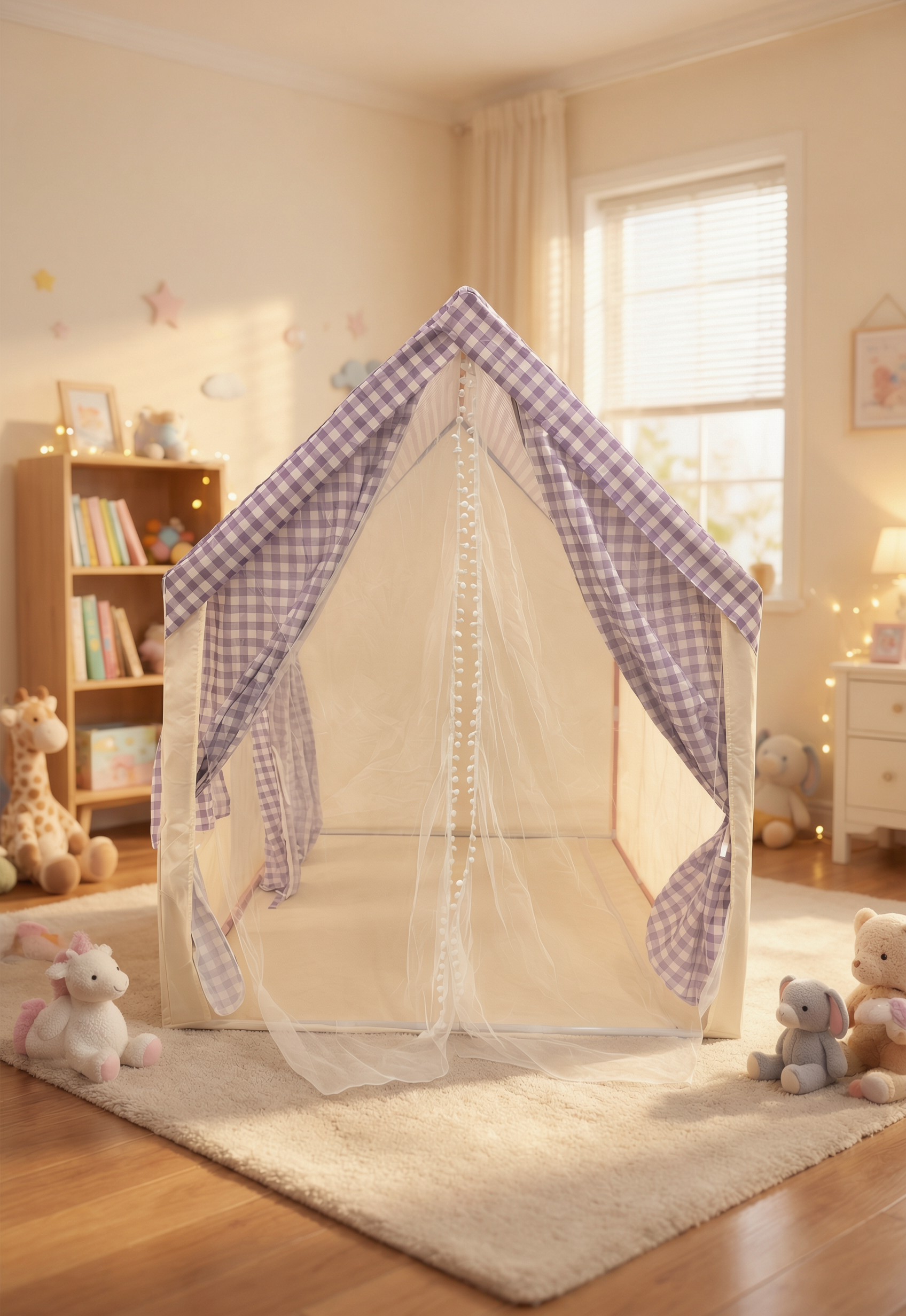 Carpa para niños con alfombra acolchada, banderines y guirnalda 89D x 130W x 130H