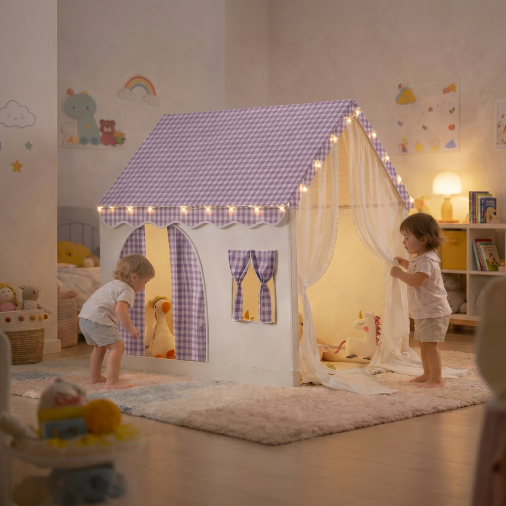 Carpa para niños con alfombra acolchada, banderines y guirnalda 89D x 130W x 130H
