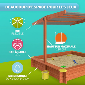 Bac à sable Max 140x140 cm en bois avec toit UV50