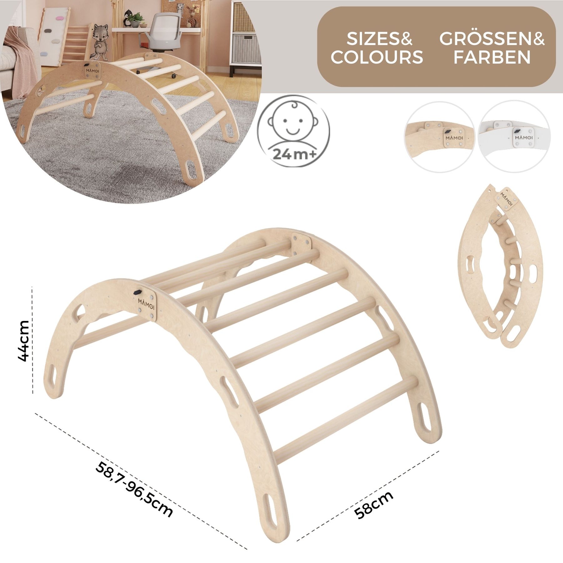 Bascule Montessori 2-en-1 MAMOI avec coussin – Arche de Pikler & bascule en bois pliable