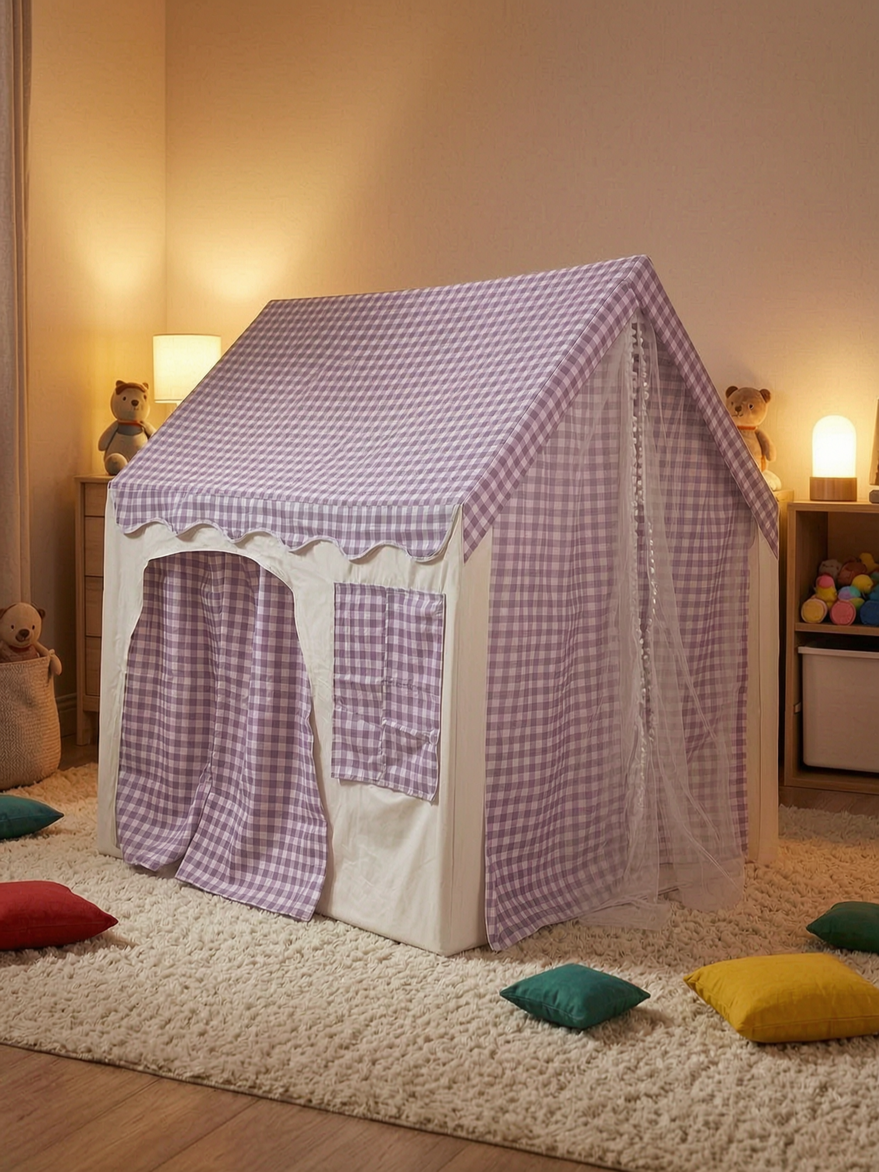 Carpa para niños con alfombra acolchada, banderines y guirnalda 89D x 130W x 130H