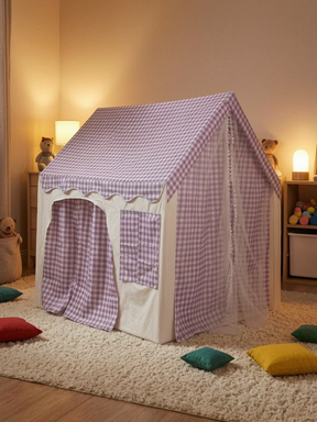 Carpa para niños con alfombra acolchada, banderines y guirnalda 89D x 130W x 130H