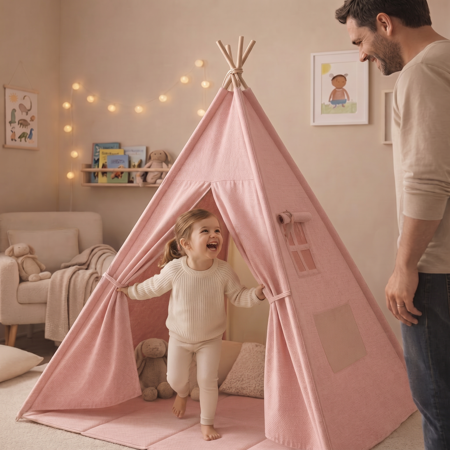 Tipi enfant avec tapis et guirlandes