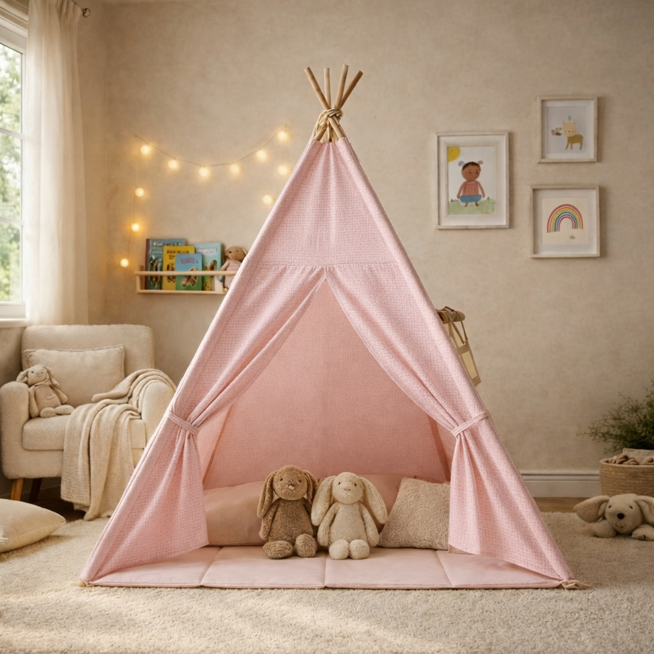 Tipi enfant avec tapis et guirlandes