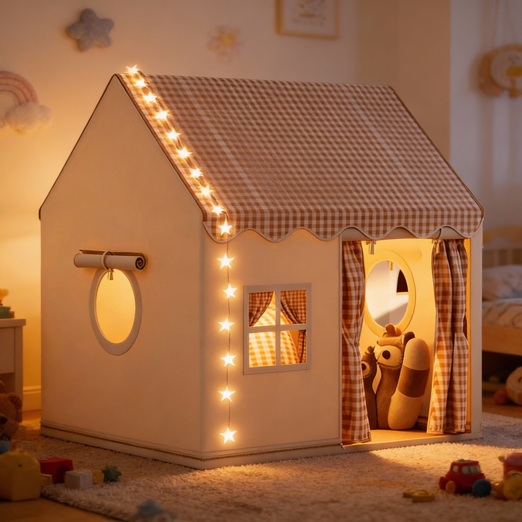 Tente maison enfant avec guirlande