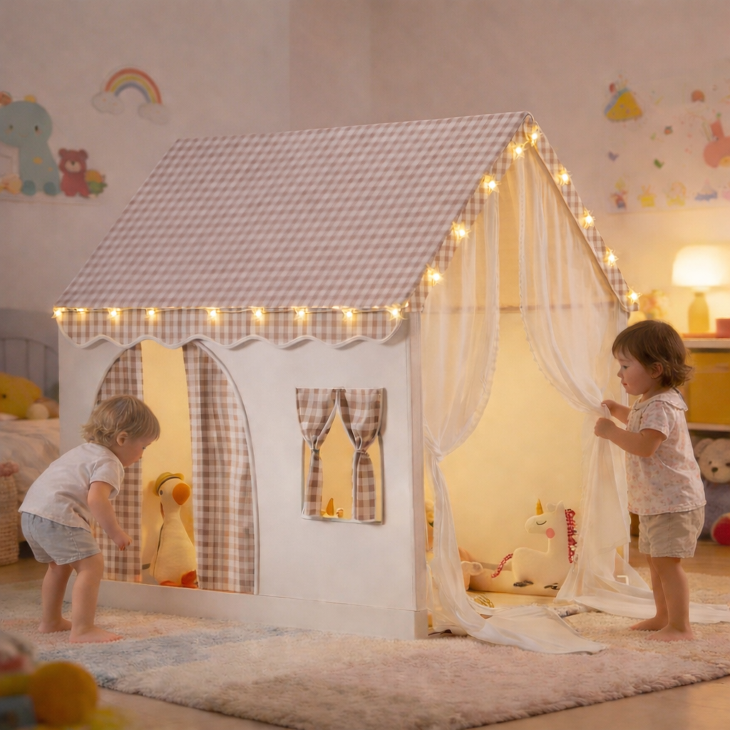 Carpa para niños con alfombra acolchada, banderines y guirnalda 89D x 130W x 130H