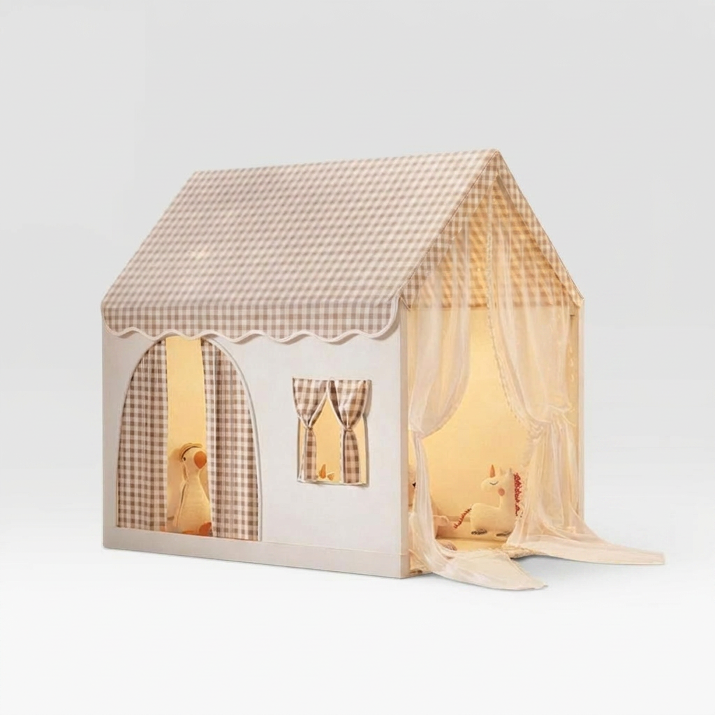 Carpa para niños con alfombra acolchada, banderines y guirnalda 89D x 130W x 130H