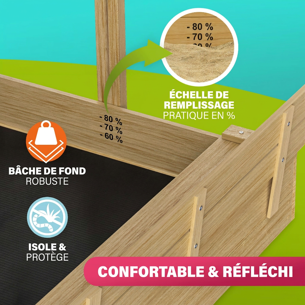 Bac à sable Toni 120x120x120 cm avec bancs réglables