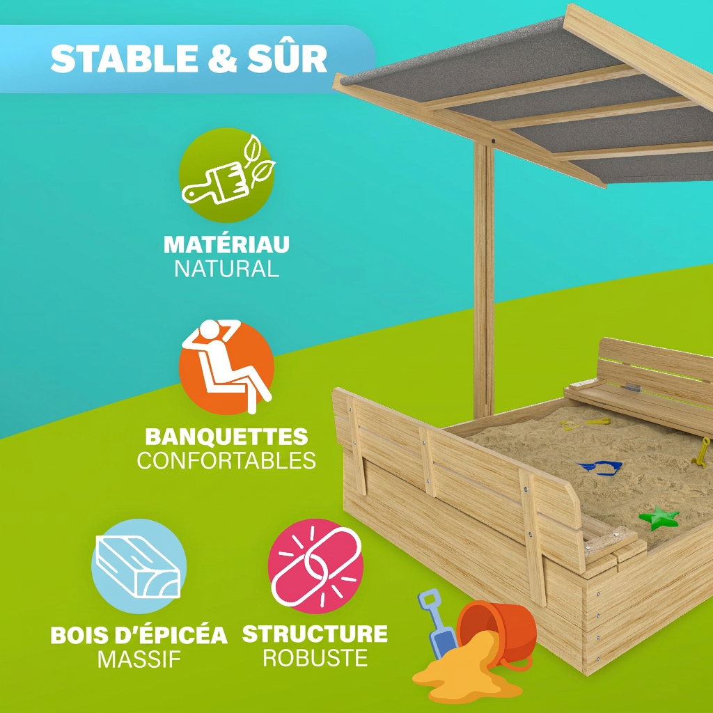 Bac à sable Toni 120x120x120 cm avec bancs réglables