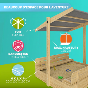 Bac à sable Toni 120x120x120 cm avec bancs réglables