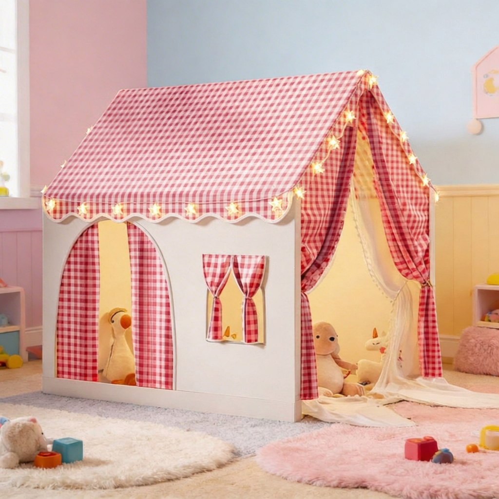 Carpa para niños con alfombra acolchada, banderines y guirnalda 89D x 130W x 130H