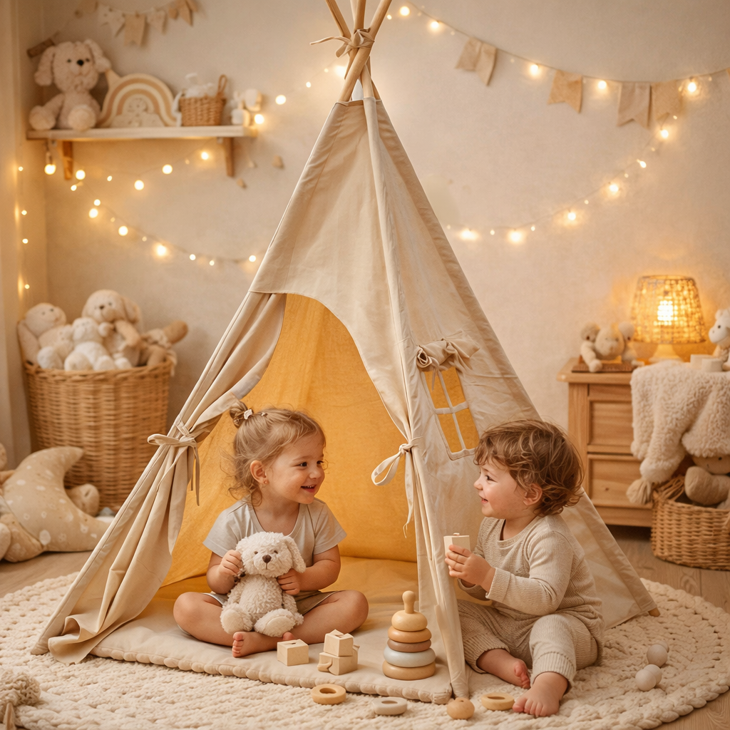 Tipi enfant avec tapis avec guirlandes