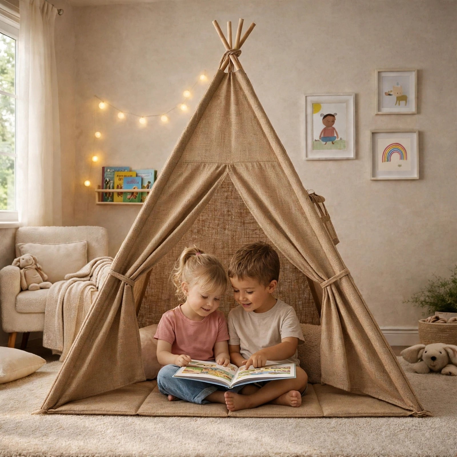Tipi enfant avec tapis et guirlandes