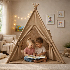 Tipi enfant avec tapis et guirlandes