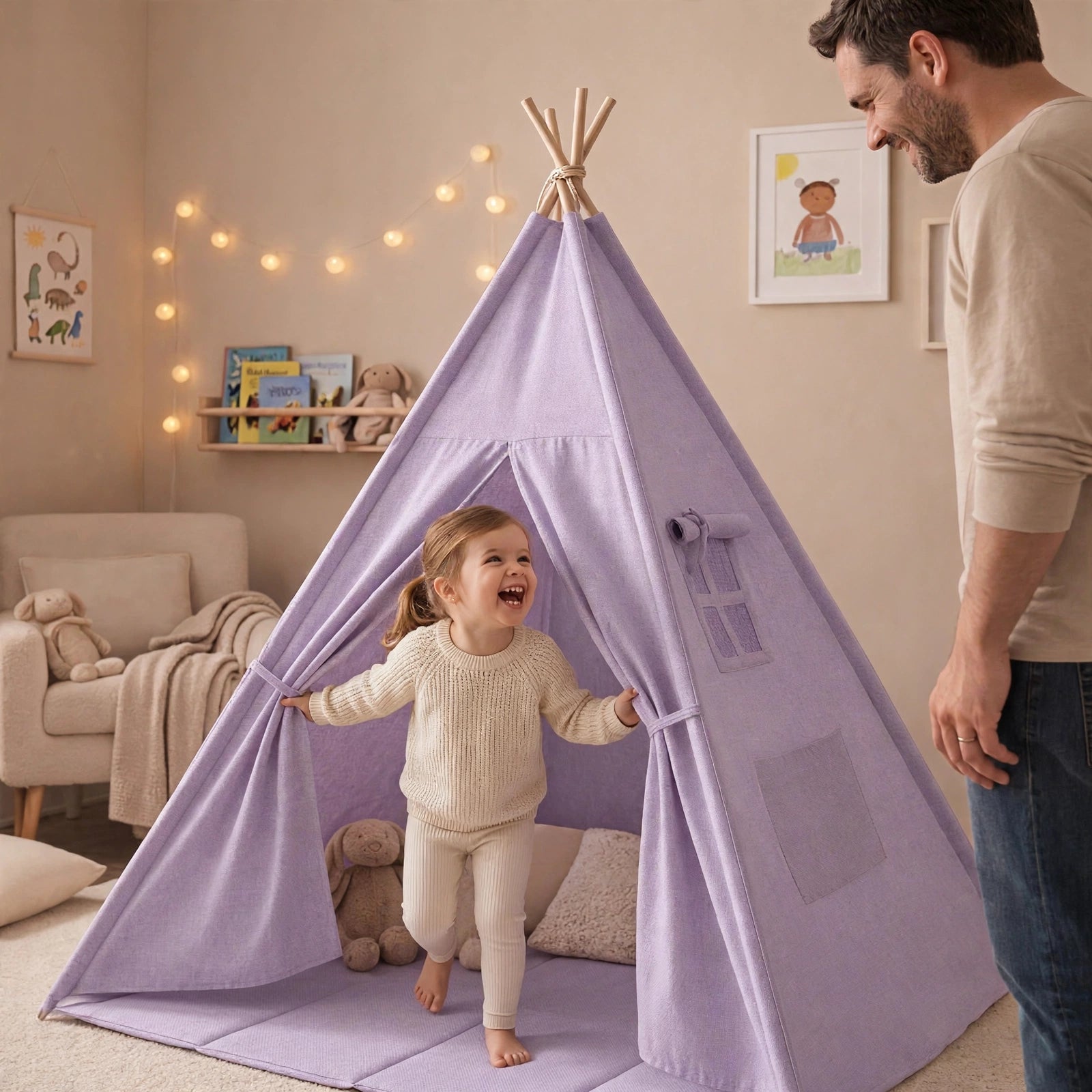 Tipi enfant avec tapis et guirlandes