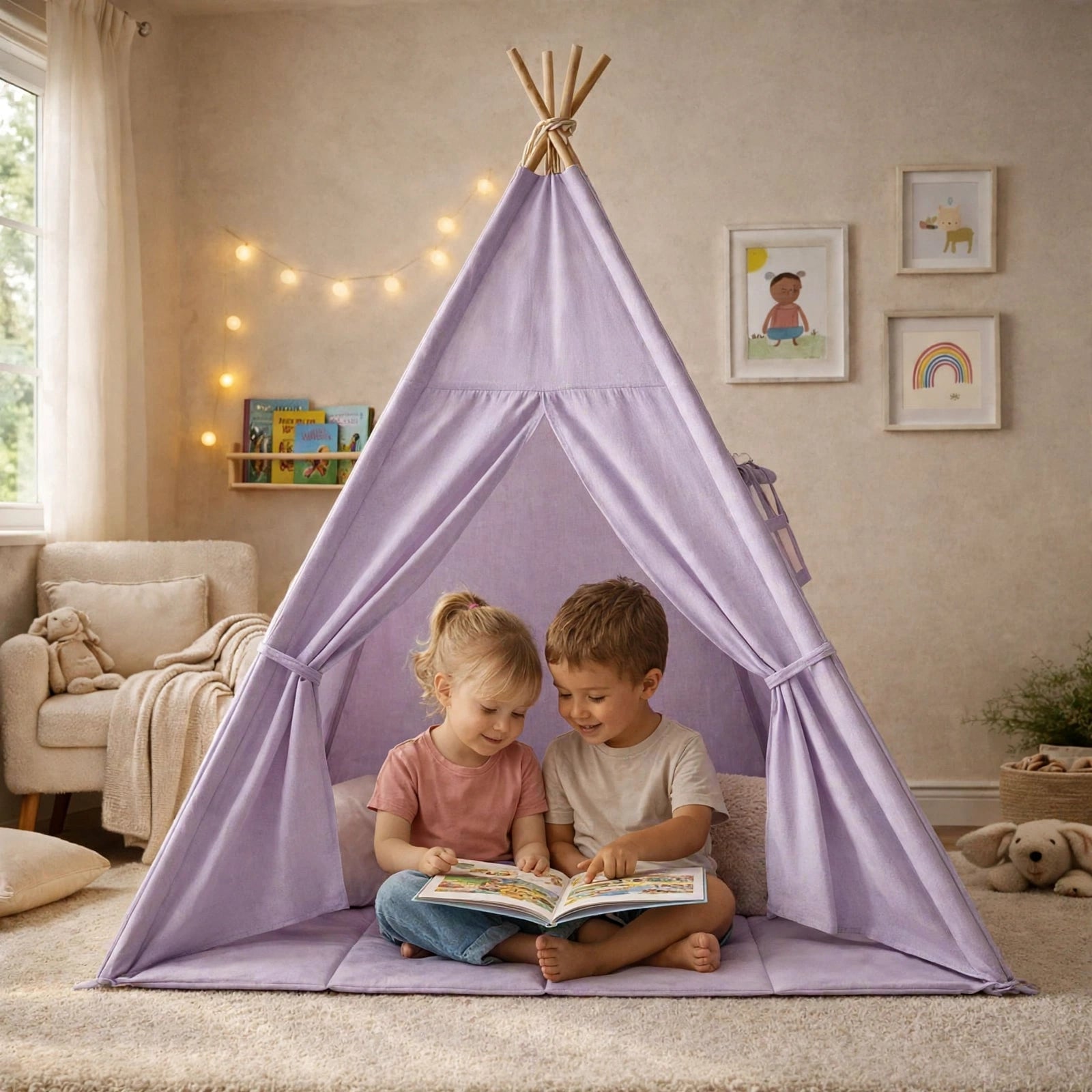 Tipi enfant avec tapis et guirlandes