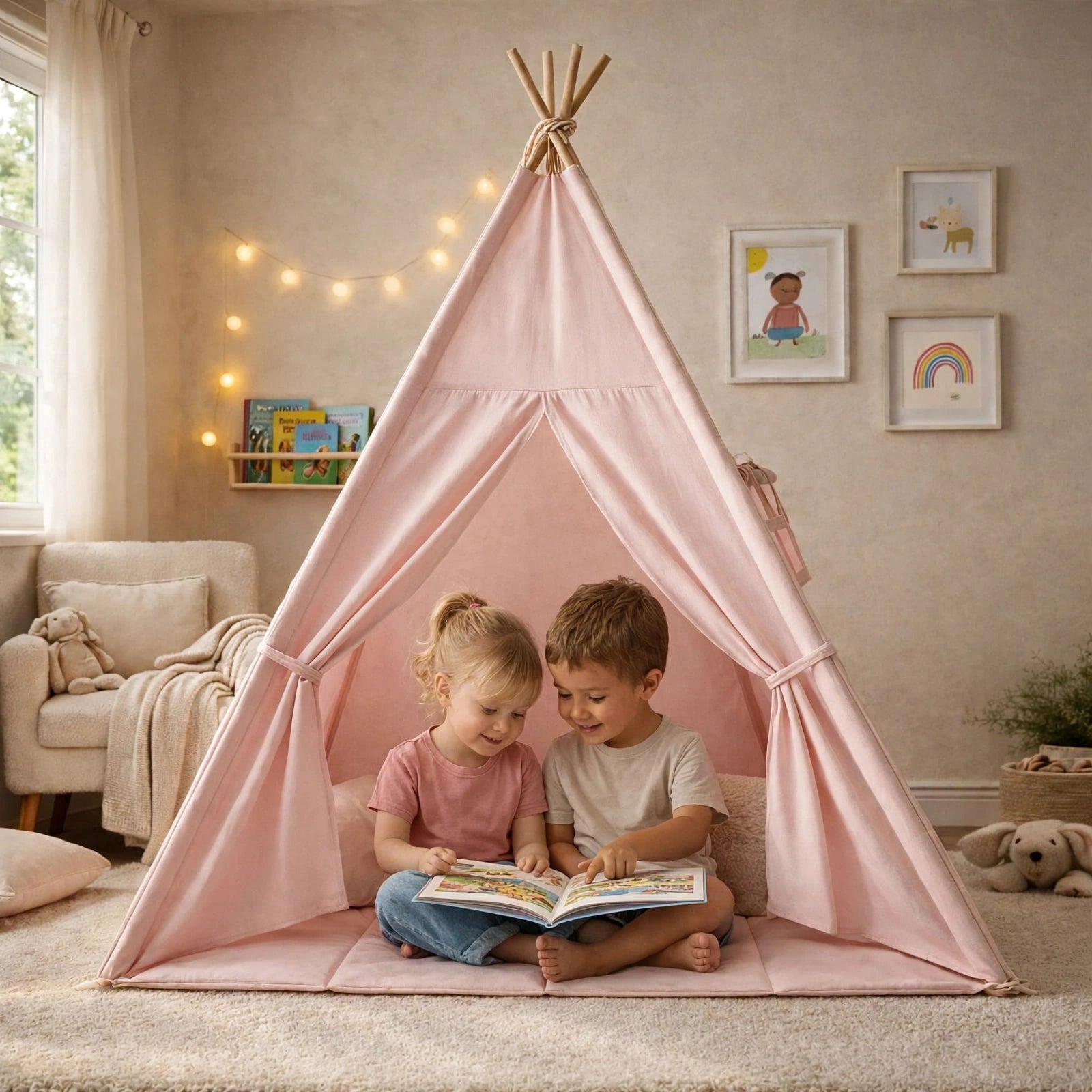 Tipi enfant avec tapis et guirlandes